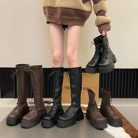 复古英伦风不过膝长靴女2023新款秋冬小个子厚底增高高级感马丁靴图片
