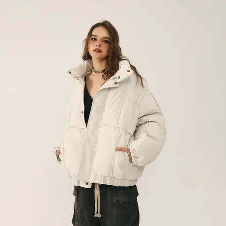 立领纯色面包服棉服女冬季加厚外套2023新款复古宽松潮牌保暖棉衣商品大图
