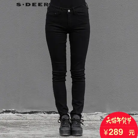 sdeer圣迪奥秋装纯色猫须弹力修身纯色休闲牛仔裤长裤女S15380805商品大图