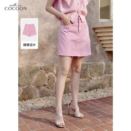 missCOCOON粉色毛边牛仔裤女2023夏装新款时尚纯棉百搭直筒短裤商品大图