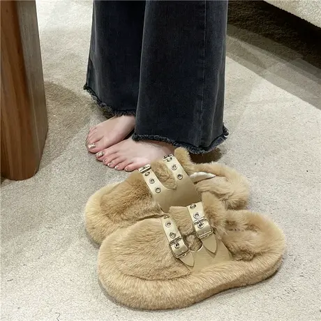 小众网红毛毛拖鞋女2023年秋冬新款ins潮厚底保暖家居包头半拖鞋商品大图