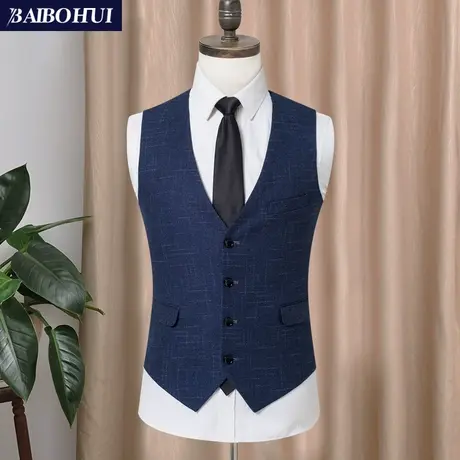 秋冬新款呢子休闲西装马甲男修身格子青年小西服马夹男坎肩背心潮商品大图