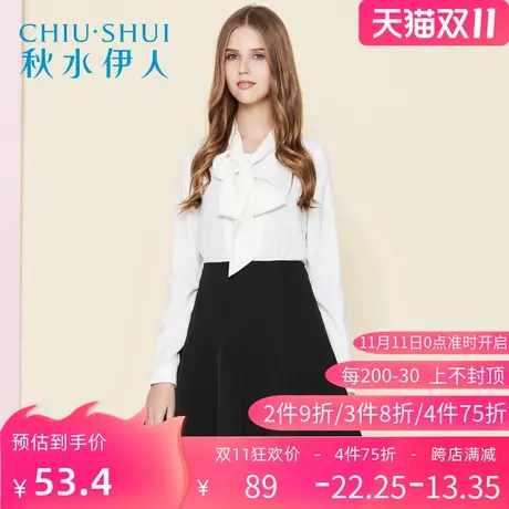 秋水伊人2021春季雪纺宽松蝴蝶结打底拼接长袖绑带上衣衬衫I893图片