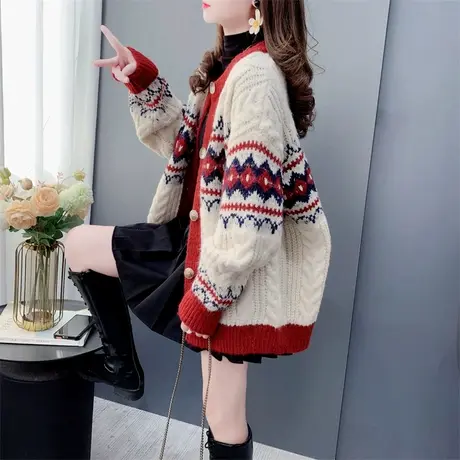 韩系复古红色圣诞氛围感穿搭毛衣女2023新款秋冬宽松减龄针织外套商品大图