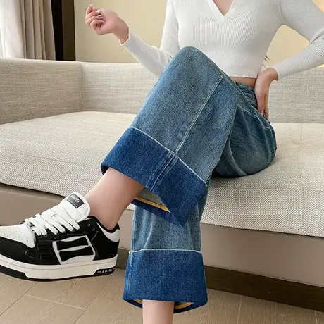 高腰翻边阔腿牛仔裤女2024秋冬新款宽松显瘦小个子抓绒九分直筒裤商品大图