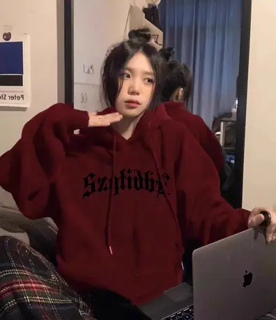 即墨连帽卫衣女胖mm大码宽松复古酒红色上衣ins冬季加绒美式外套商品大图