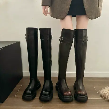 长筒靴女冬季保暖2023新款复古英伦风粗跟过膝靴小个子厚底骑士靴图片