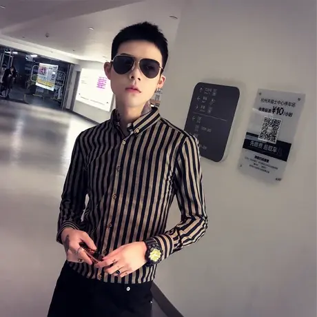2023春季新款条纹韩版长袖修身衬衫网红潮牌潮流时尚发型师衬衣男商品大图