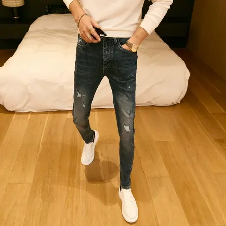 2023秋冬新款韩信修身刺绣牛仔裤男潮破洞修身小脚裤青年铅笔长裤商品大图