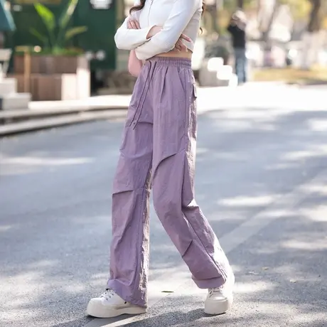 唐狮美式复古工装裤女夏高腰显瘦宽松阔腿裤降落伞裤休闲裤12.27商品大图