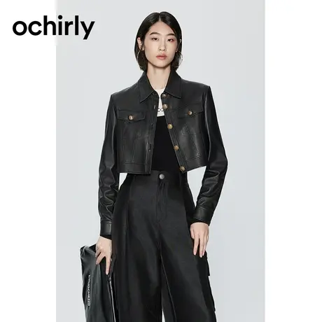 ochirly欧时力 纯羊皮真皮短外套女2023新款冬装宽松时尚小个子图片