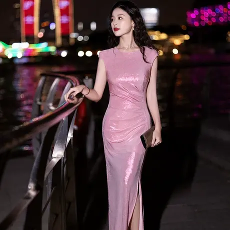晚礼服女高级质感宴会高端大气婚礼晚会主持人长款亮片气质连衣裙商品大图