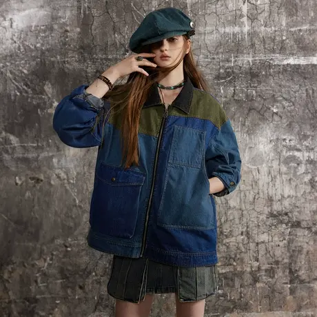 美式复古拼接牛仔外套女春秋2024新款街头潮牌情侣装宽松夹克上衣商品大图