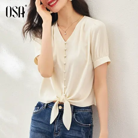 OSA气质V领衬衫女短袖薄款衬衣夏季2021年新款别致设计感小众上衣商品大图