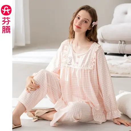 芬腾女士睡衣春秋季新款梭织长袖圆领套装女款休闲大码套头家居服图片