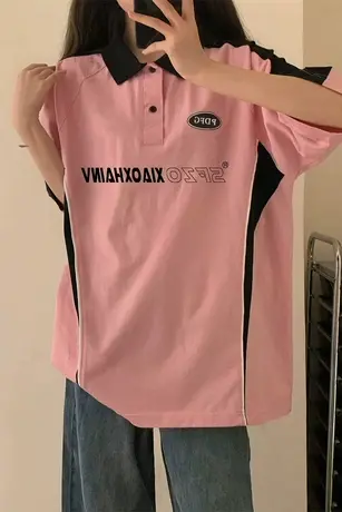 Polo领短袖t恤女夏季宽松休闲设计感小众学院风美式复古半袖上衣图片