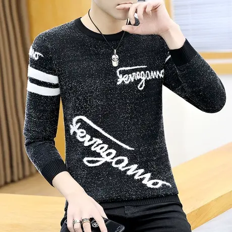 秋冬季个性仿貂毛圆领毛衣男士韩版加厚修身保暖chic马海毛针织衫商品大图