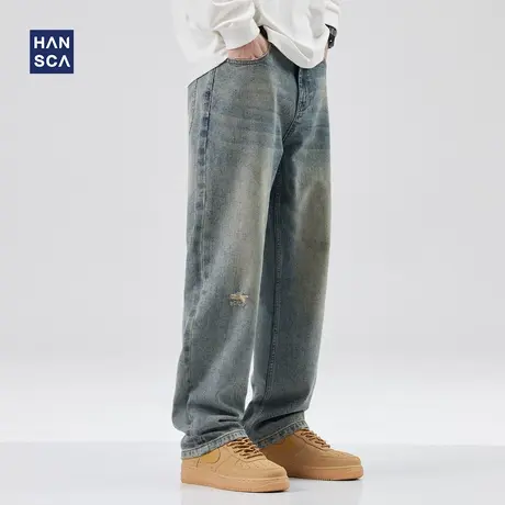 hansca春季美式复古水洗牛仔裤男破洞直筒宽松垂感休闲百搭长裤子图片