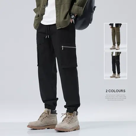 hansca多口袋束脚休闲裤男潮牌秋冬款纯棉宽松大码松紧腰工装长裤商品大图