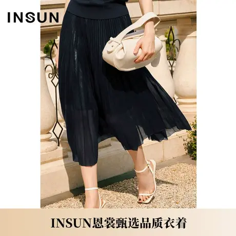 INSUN恩裳夏季轻盈光泽感A摆百褶半身裙图片