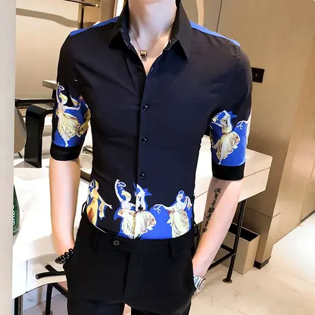 网红潮牌薄款夏季衬衫男士韩版时尚七分袖高级感男装ins帅气衬衣商品大图