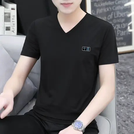 莫代尔夏季t恤男士短袖V领中国潮流黑色上衣服冰丝半袖打底衫体恤商品大图