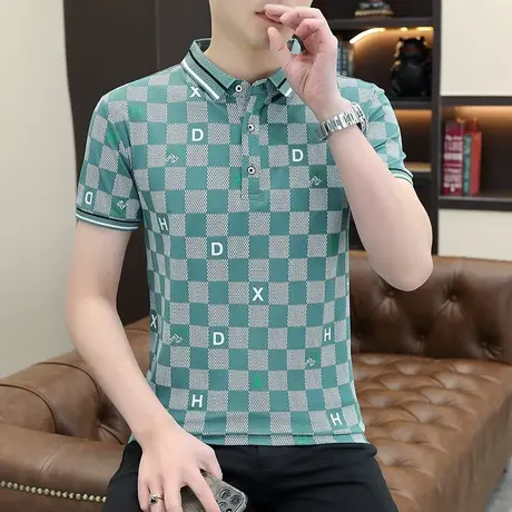 格子字母短袖T恤男夏季青年时尚流行Polo衫半袖修身有领男士上衣商品大图