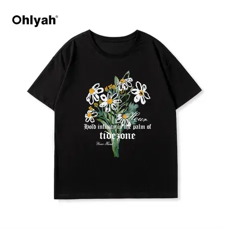 Ohlyah美式植物花卉白色小花朵字母印花短袖t恤男女国潮宽松情侣商品大图