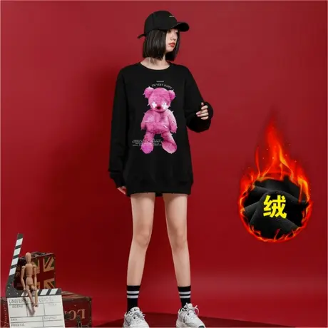 Ohlyah小熊无帽粉色卫衣女秋冬加绒2023新款韩版宽松外套潮牌ins图片