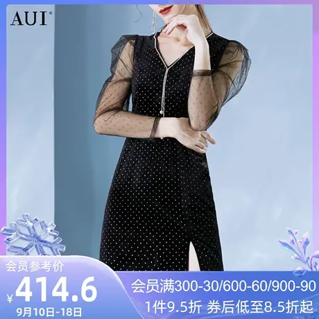 AUI法式黑色波点丝绒连衣裙秋冬2023新款网纱泡泡袖V领开叉裙子女图片