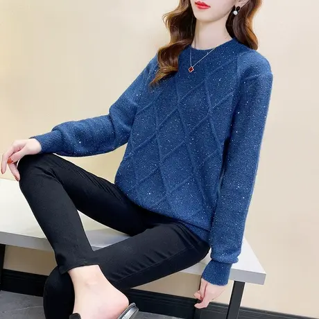 秋季2023新款女装宽松外穿打底女士毛衣洋气菱形亮片针织衫女内搭商品大图