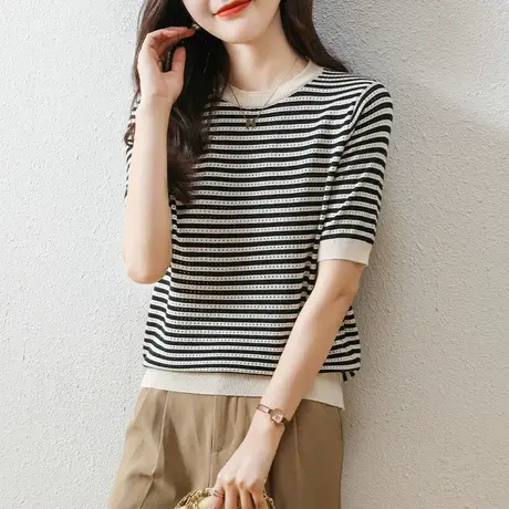 夏季女士短袖条纹上衣2023女装新款薄款宽松显瘦针织衫韩版小T恤图片