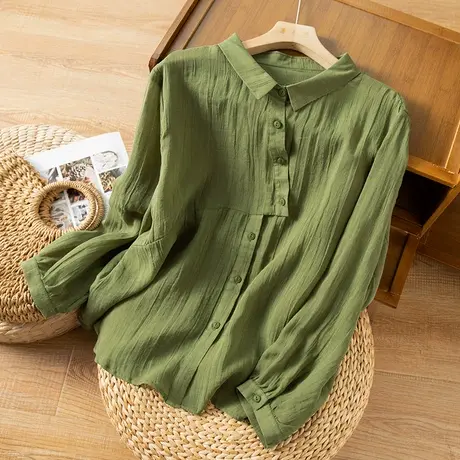 享永子苎麻衬衫女文艺复古纯色棉麻衬衣宽松显瘦上衣2023春季新款商品大图