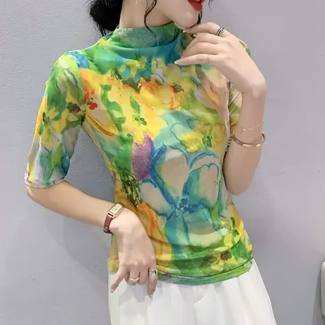 半高领打底衫女中袖春秋2023新款扎染印花网纱T恤ins修身百搭上衣商品大图