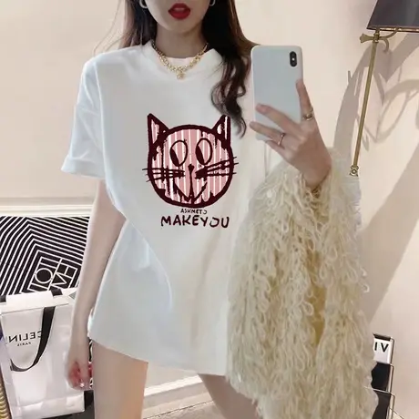 白色短袖t恤女2023新款夏季设计感小众半袖宽松纯棉中长款上衣潮商品大图