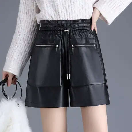 2023秋冬新款阔腿皮短裤女松紧腰拉链口袋PU皮裤百搭休闲裤靴裤潮图片
