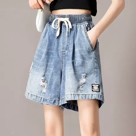 破洞牛仔短裤女夏季2023新款五分裤女夏薄款a字阔腿中裤四分5分裤商品大图