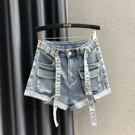 2023秋季新款卷边设计感工装牛仔裤阔脚短裤辣妹立体口袋弹力显瘦商品大图