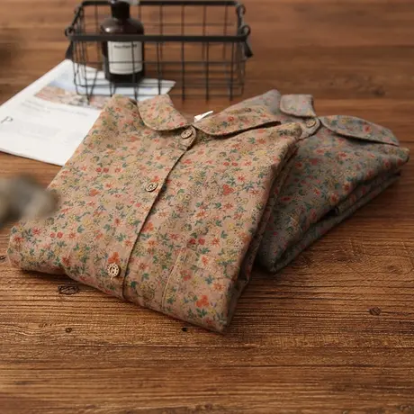 秋季新款复古文艺碎花长袖双层纱纯棉衬衫女百搭休闲宽松棉麻上衣商品大图