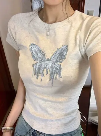 纯棉甜辣修身短袖T恤女新款夏装设计感小众短款百搭印花复古上衣图片