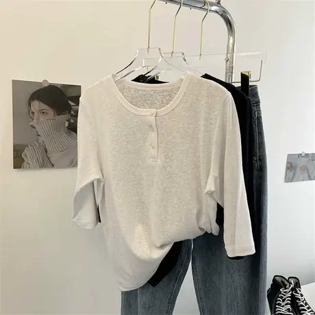 门襟三粒扣薄款圆领竹节麻棉宽松休闲透视五分袖T恤女百搭夏装潮图片