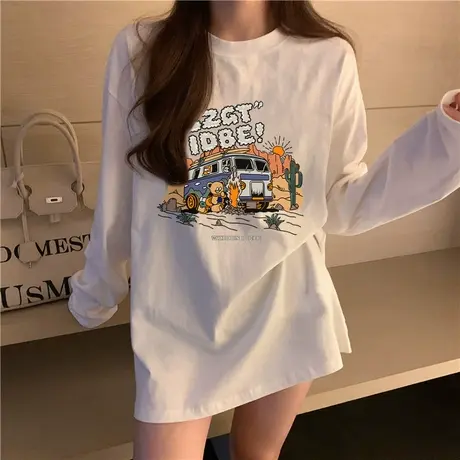 纯棉美式复古长袖t恤女春秋薄款韩版宽松慵懒风内搭打底衫上衣服图片