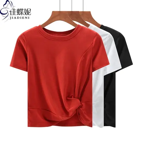 夏季新款韩版短款纯欲扭结修身纯棉圆领纯色短袖体恤上衣内搭女装商品大图