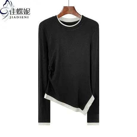 秋冬新款圆领修身不规则撞色拼接纯棉中长款长袖体恤上衣女打底衫商品大图
