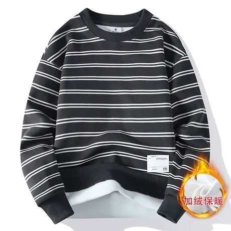 加绒加厚卫衣男士2022新款条纹长袖t恤秋冬季潮牌宽松时尚打底衫商品大图