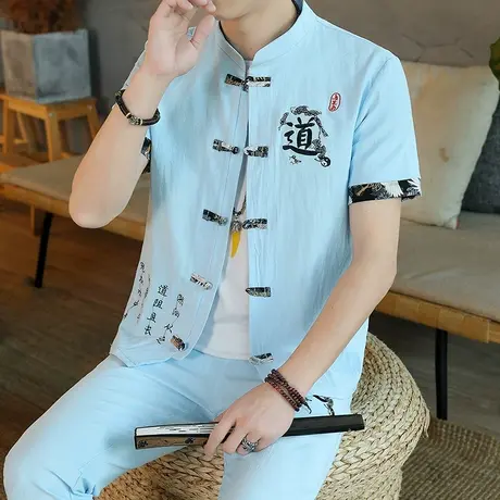夏季棉麻唐装套装男短袖亚麻中国风男装薄款盘扣刺绣t恤功夫开衫商品大图