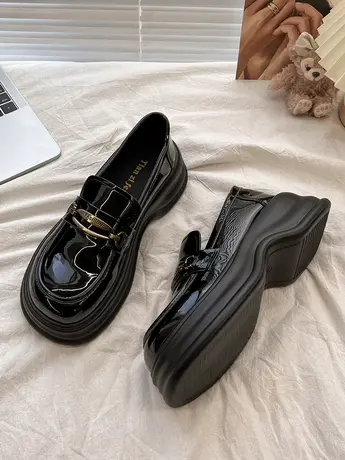 黑色复古英伦风玛丽珍小皮鞋女松糕增高厚底乐福鞋一脚蹬浅口单鞋商品大图