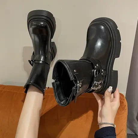 高级感厚底马丁靴女英伦风2023新款秋复古棕色机车短靴粗跟瘦瘦靴图片