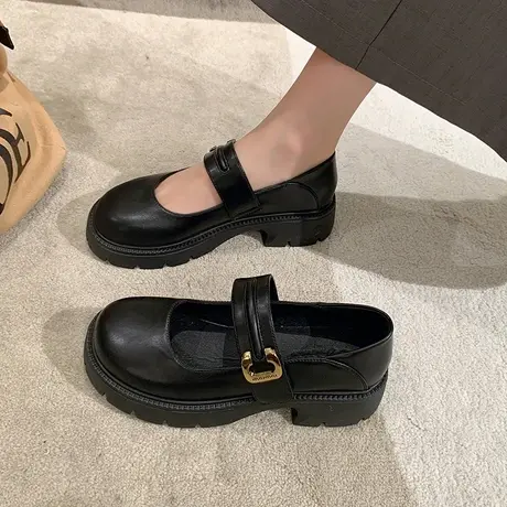 小皮鞋女粗跟黑色2023年新款乐福鞋复古圆头法式单鞋高跟玛丽珍鞋商品大图