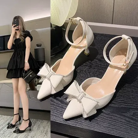 小香风时尚细跟一字扣玛丽珍鞋包头中空新款尖头蝴蝶结高跟单鞋女商品大图
